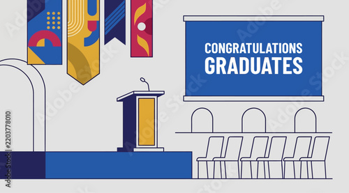 Graduation Ceremony Stage Podium and Backdrop Banner Vector Illustration. Congratulations Graduates Screen with Empty Auditoriums Chairs and Hanging Decorative Ribbon Streamers.