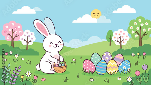 Cute Cartoon Easter Bunny and Painted Eggs Vector Illustration. Adorable White Rabbit with Gift Basket on Green Spring Meadow Landscape. Happy Easter Greeting Card Graphic Asset.