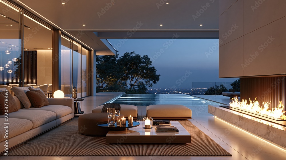 Fototapeta premium Modern outdoor terrace with pool and fireplace at