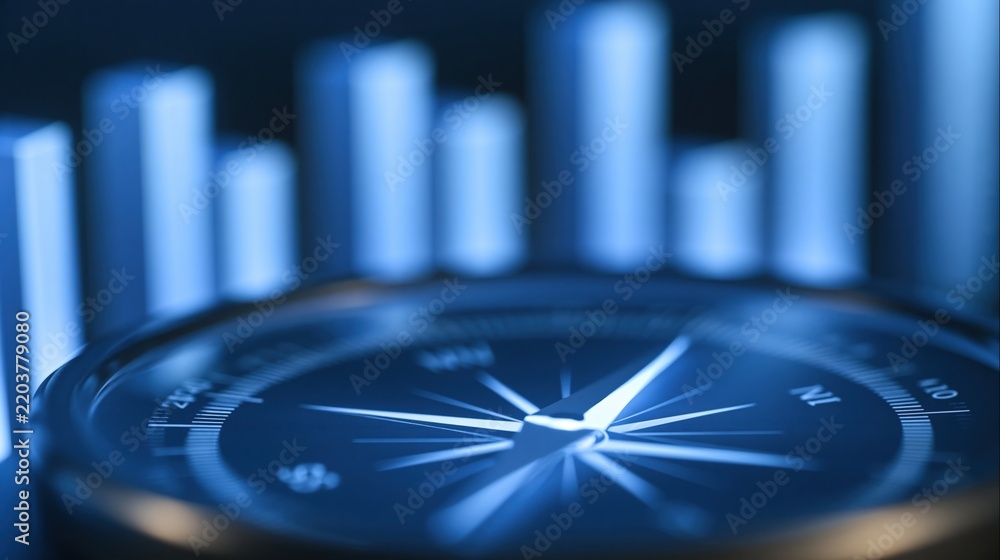 Fototapeta premium Compass pointing north with bar graph background