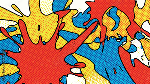 Pop Art Comic Style Ink Splatter Abstract Vector Illustration. Retro Halftone Dot Pattern and Vibrant Red, Yellow, and Blue Paint Blots Pattern. Decorative Graphic Background Asset.