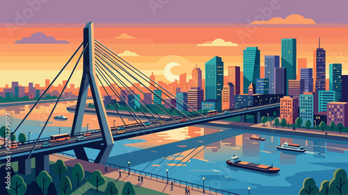 Modern Cable-Stayed Bridge and City Skyline Vector Illustration. Flat Geometric Urban Landscape with Skyscrapers, River Reflection, Cargo Boats, and Vibrant Orange Sunset Backdrop.
