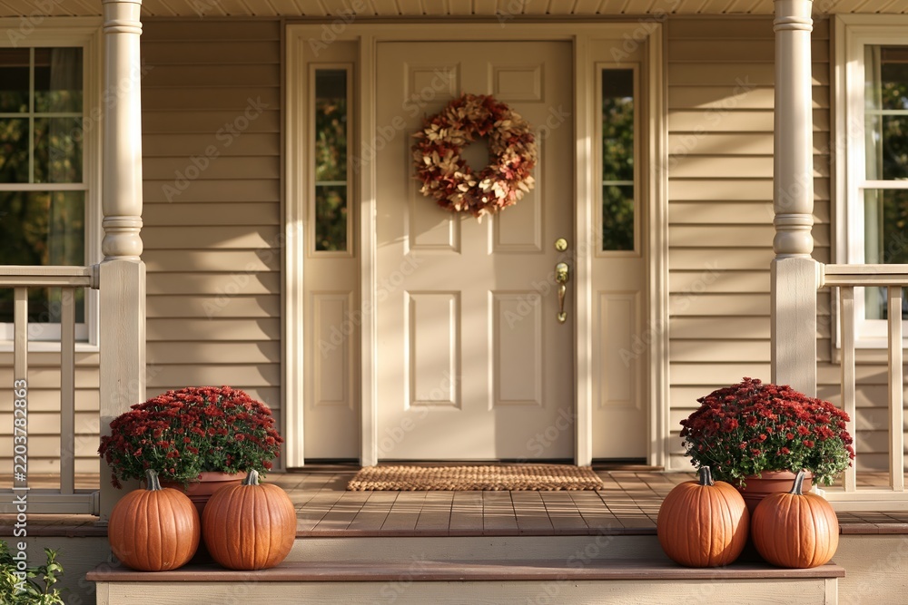 Obraz premium Front porch decorated with pumpkins and wreath