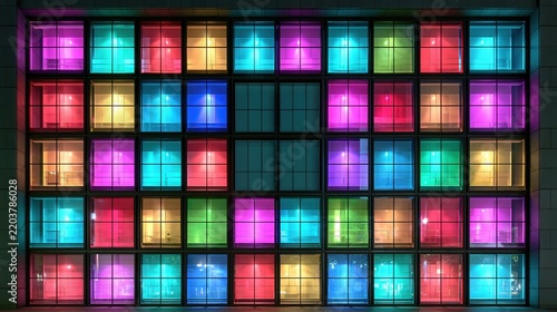 Colorful illuminated building windows at night