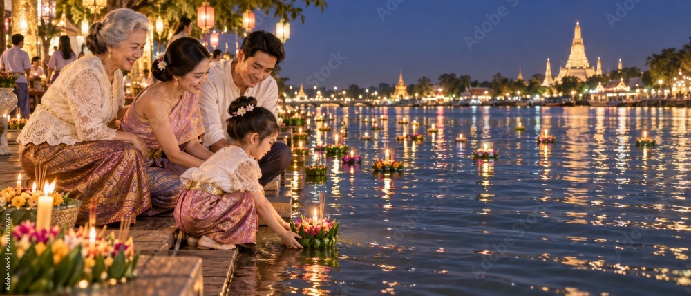 Fototapeta premium Loy Krathong festival scene shows Thai family releasing flower offerings on river at twilight, with glowing temple skyline and reflections, traditional culture, spiritual ritual, travel and holiday
