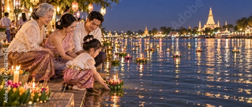 Loy Krathong festival scene shows Thai family releasing flower offerings on river at twilight, with glowing temple skyline and reflections, traditional culture, spiritual ritual, travel and holiday