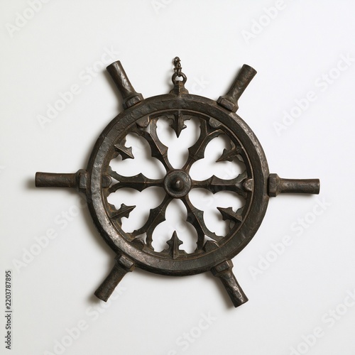 Vintage metal ship steering wheel mounted on white