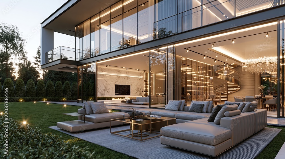 Fototapeta premium Modern luxury villa with glass walls and outdoor