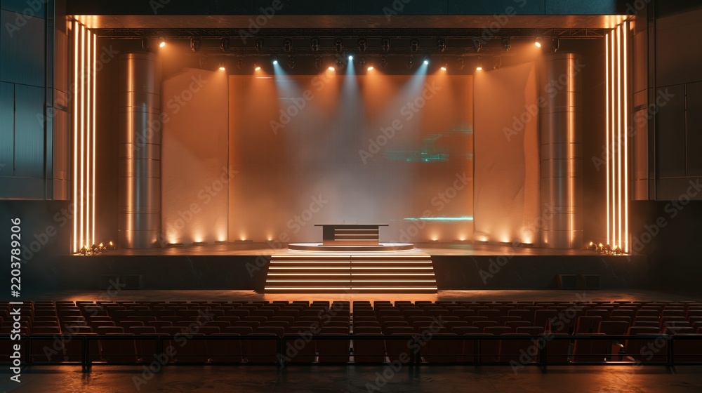 Obraz premium Empty theater stage illuminated with warm orange spotlights