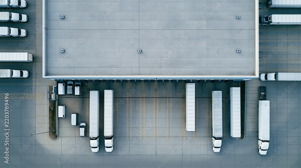 Fototapeta premium Aerial view of logistics center with trucks docked