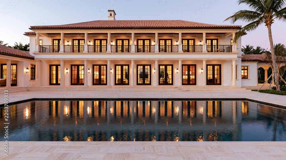 Obraz premium Luxury mansion with swimming pool reflecting warm evening