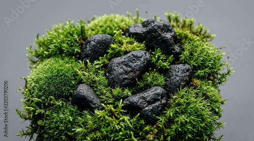 Decorative Green and Black Pebble Garden Arrangement for Landscaping and Interior Design.
