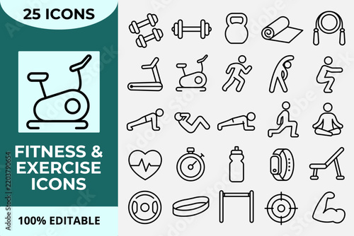 Fitness and Exercise Outline Icon Set with Gym Equipment Cardio Training Yoga Running and Workout Symbols.