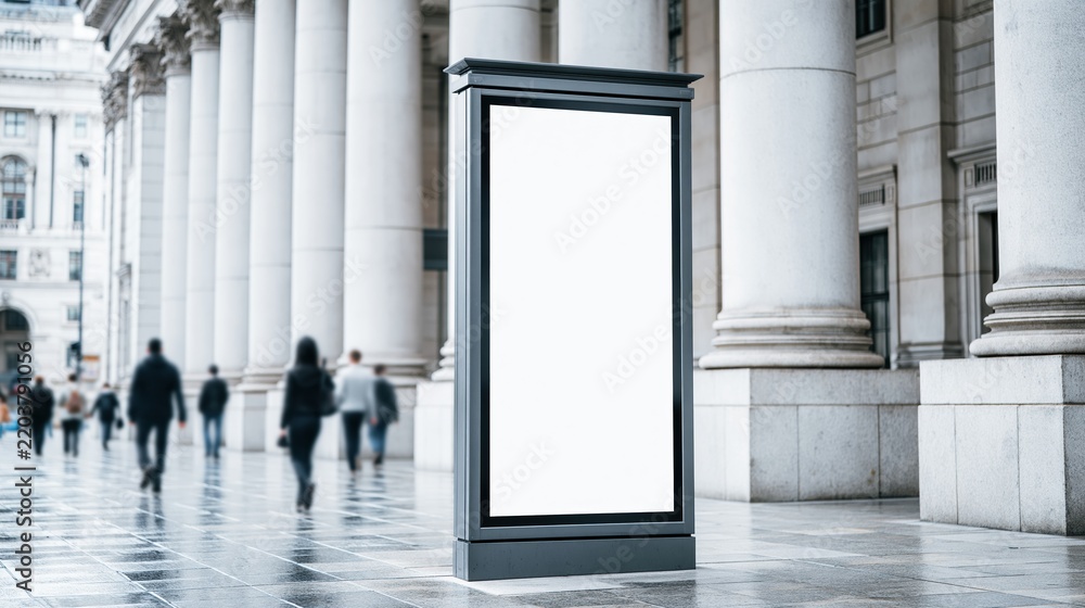 Fototapeta premium Empty advertising display stand outside classical building with
