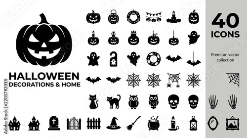 Halloween decorations and home icons set featuring bats, ghosts, pumpkins, and spooky symbols for festive greeting