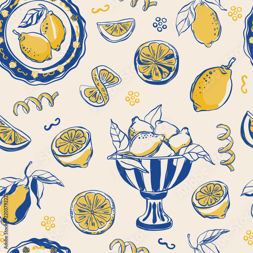 Vintage la dolce vita seamless pattern of lemons and vintage Italian ceramic bowl. Theme of Italy and Amalfi. Whimsical chalk vector illustration for patterns, prints, wallpapers and product design.