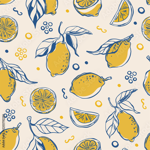 Vintage la dolce vita seamless pattern of fresh lemons and leaves. Theme of Italy and Amalfi. Whimsical chalk vector illustration for patterns, prints, wallpapers and product design.