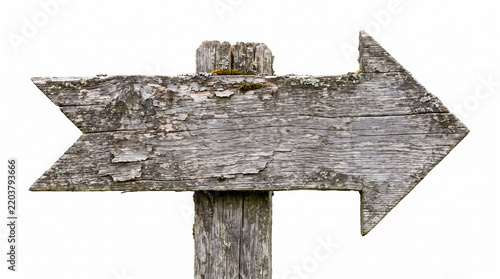 Blank wooden arrow directional sign board pointing right isolated on white background.