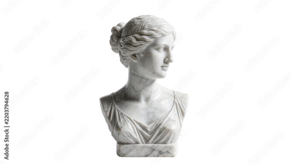 Fototapeta premium Classical marble bust of a woman with intricate hairstyle, isolated on transparent background