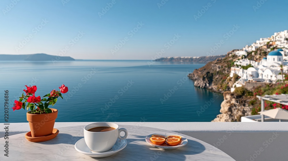 Obraz premium Morning coffee and fruit on balcony overlooking sea