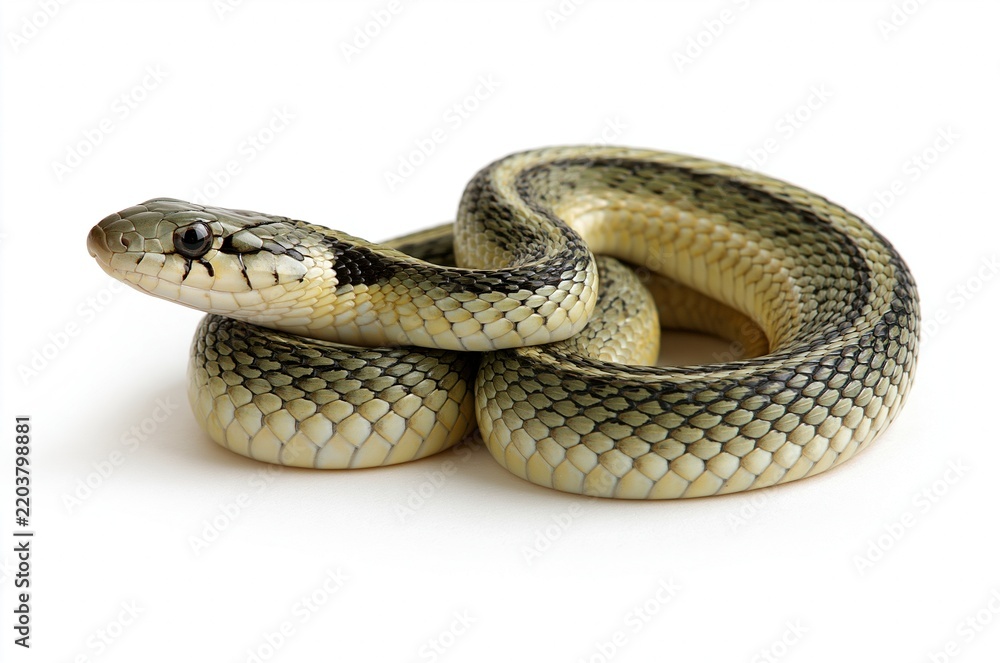 Obraz premium Green and black snake coiled on white background