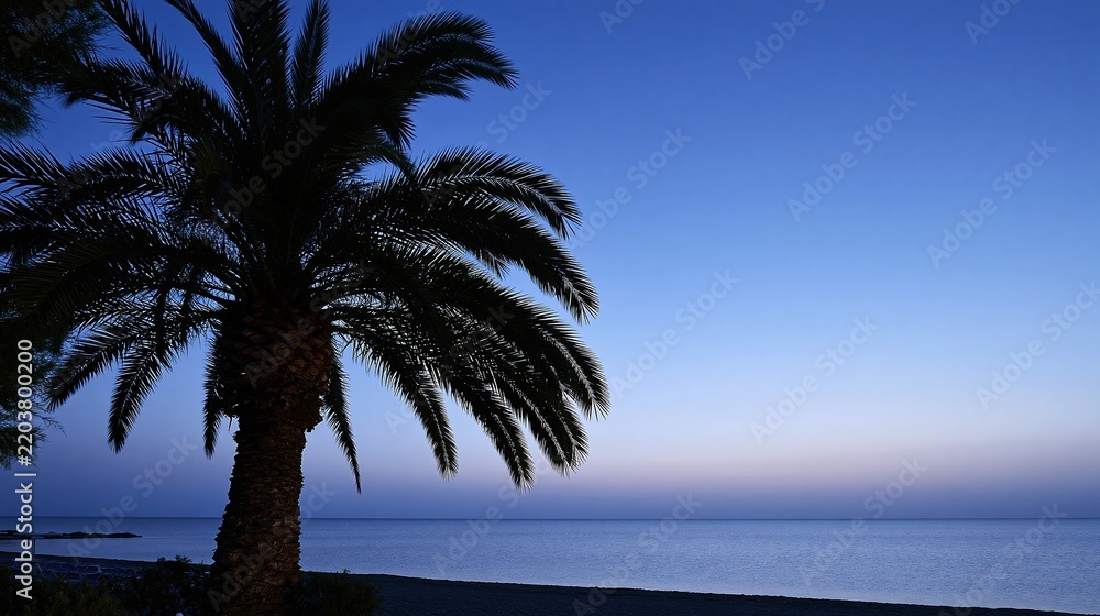 Fototapeta premium Silhouette of palm tree against blue sea and