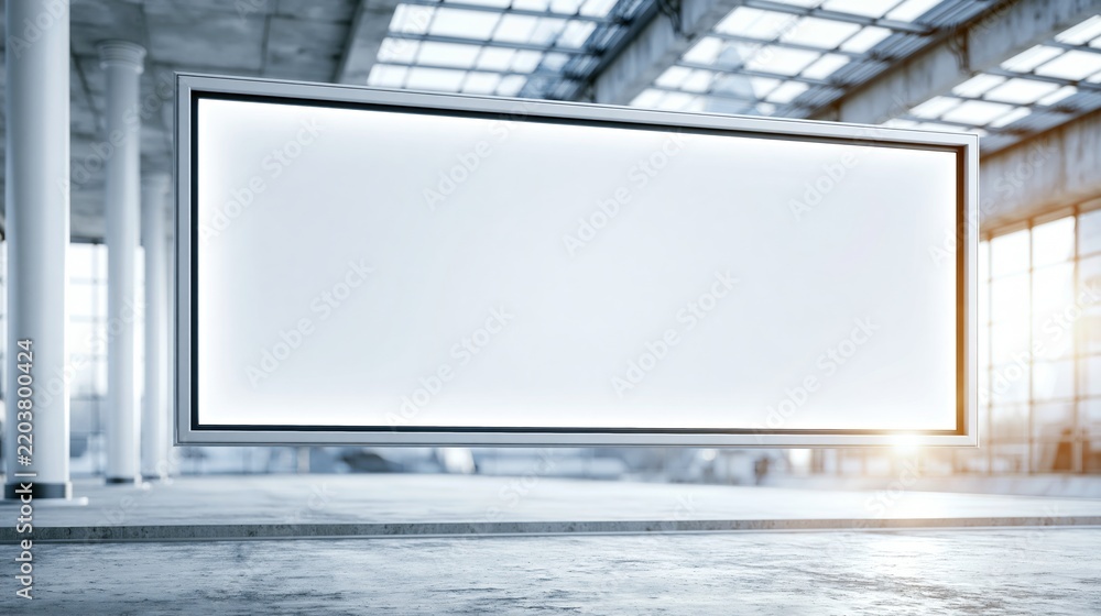 Obraz premium Empty white billboard mockup in spacious industrial warehouse