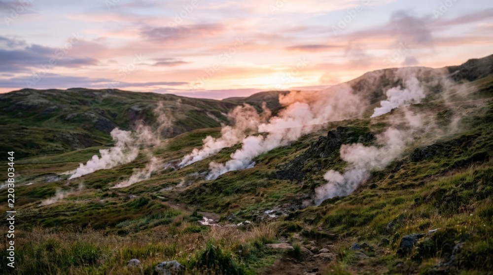 Naklejka premium A scenic landscape of rolling green hills in Iceland where geothermal energy sources vent natural steam into the colorful sunrise sky, captured from a low perspective