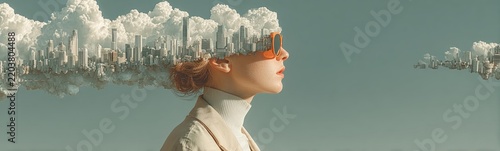 Woman with a city on her head and a cloud in the sky banner copy space