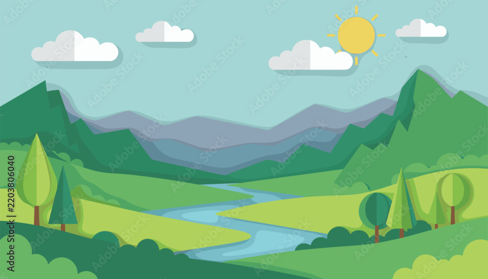 Obraz premium Beautiful layered paper art showing a river valley with green mountains and pine trees under a clear sun in a stylized landscape graphic design.