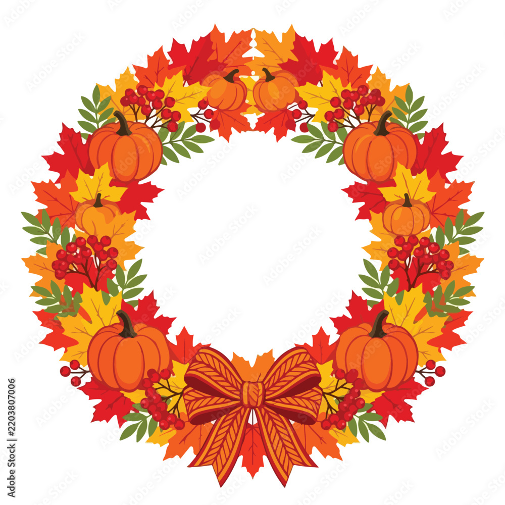 Fototapeta premium Autumn Pumpkin Wreath with Fall Leaves and Red Bow Isolated on White Background for Thanksgiving Day Design