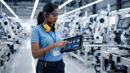 Female technician uses tablet while inspecting automated robotic assembly line, then walks through bright modern manufacturing facility with industrial machinery