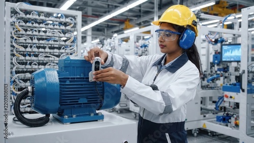 Industrial engineer monitors blue electric motor using sensor and tablet, progressing from equipment inspection to status verification inside automated manufacturing facility