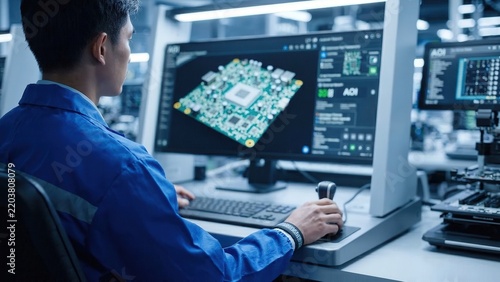 Electronics technician operates computer aided design software to inspect and export detailed circuit board layout while working at industrial engineering workstation