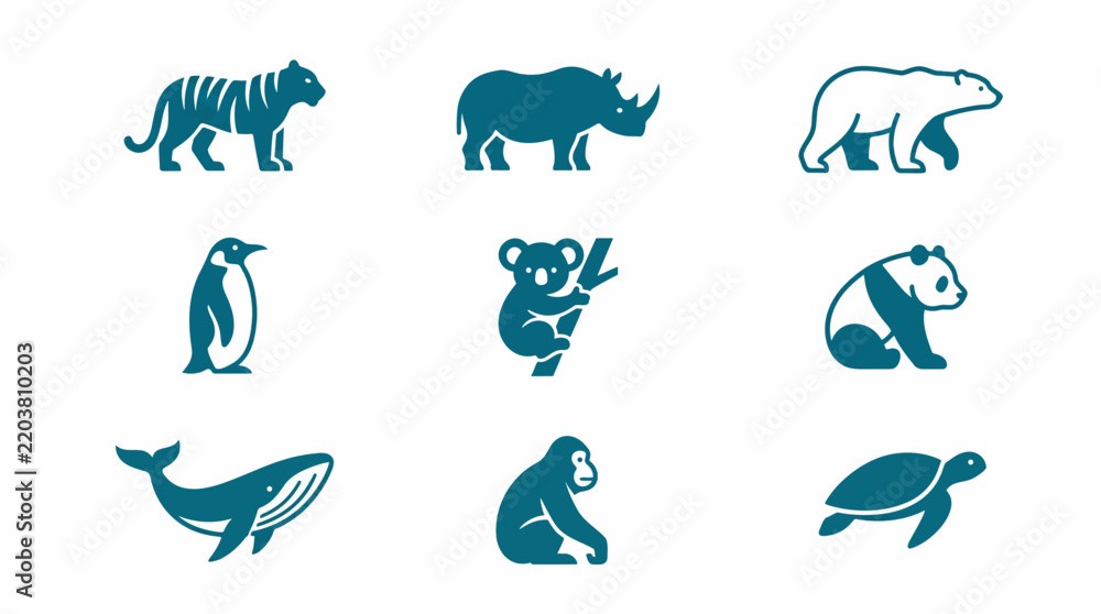 Obraz premium Endangered Wildlife Animal Conservation Icon Collection