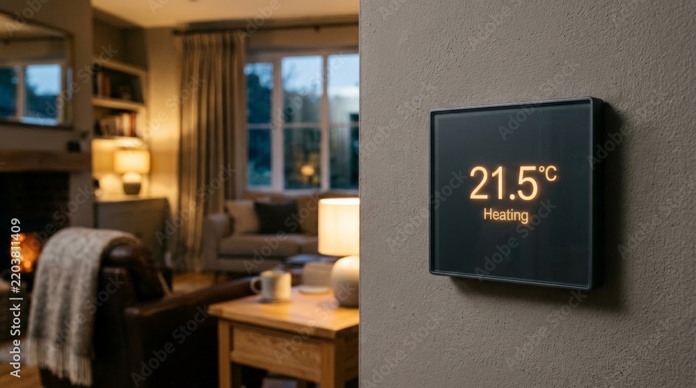 Obraz premium A close up view of a sleek smart thermostat mounted on a textured wall showing a temperature of twenty one point five degrees celsius inside a modern cozy living room