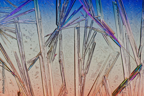 Polarized light microscopy of homegrown chemical crystals showing vertical needle structures and prismatic pillars with neon blue and peach orange gradient interference colors for science background
