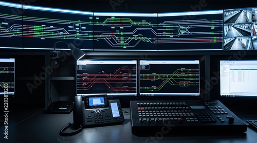 Railway traffic control room with computer monitors with multiple computer screens signal diagrams security