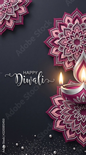 Happy Diwali greeting card design with glowing diya oil lamps and intricate paper art mandala flowers on a dark background for Indian festival celebration
