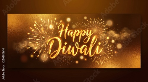 Happy Diwali golden greeting card design banner with glowing fireworks and sparkling lights for Indian festival celebration and holiday background