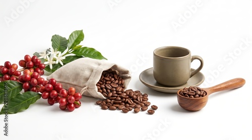 Coffee Beans Ripe Cherries and Cup on White