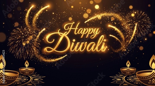 Happy Diwali festival greeting background with golden glowing diyas, fireworks and sparkle light effects for Indian celebration and seasonal design templates