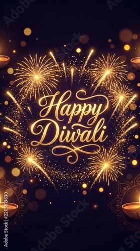 Happy Diwali celebration greeting card with golden fireworks and glowing diyas on dark background for Indian festival of lights design