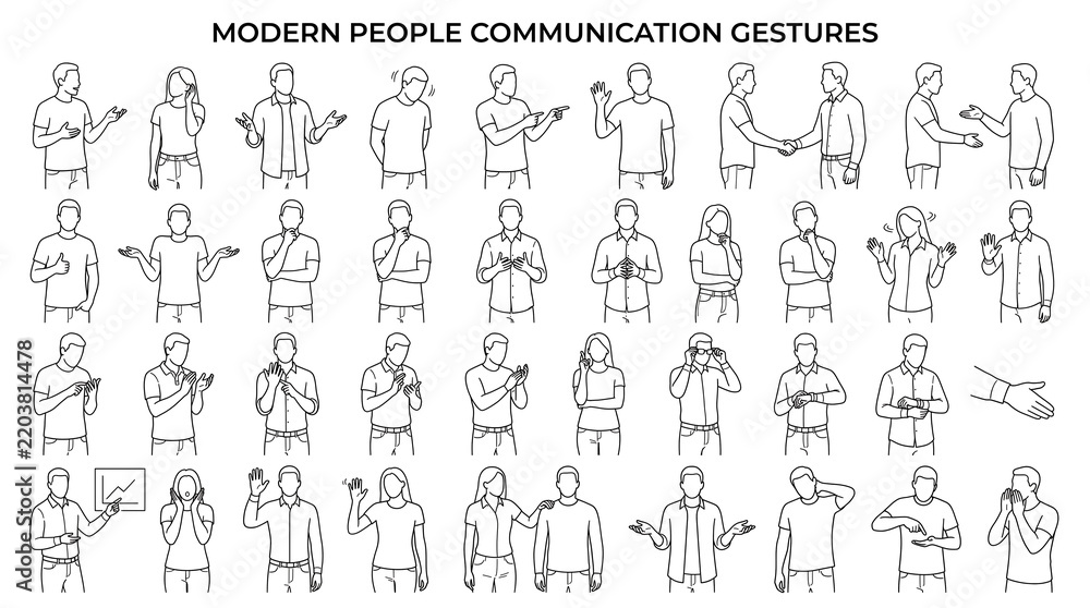 Fototapeta premium Vector collection of modern line art illustrations depicting various human communication gestures and diverse body language poses