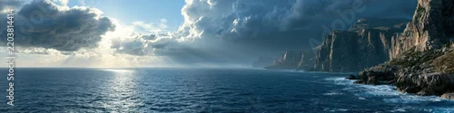 Panel kuchenny z motywem Dramatic ocean vista with rugged cliffs under stormy sky and sunlight rays