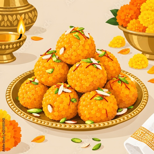 traditional indian sweet motichoor laddu illustration served on a golden plate with diya and marigold flower for festival .