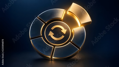 Glowing metallic pie chart with separated slice and central refresh arrows icon representing data update or business cycle.