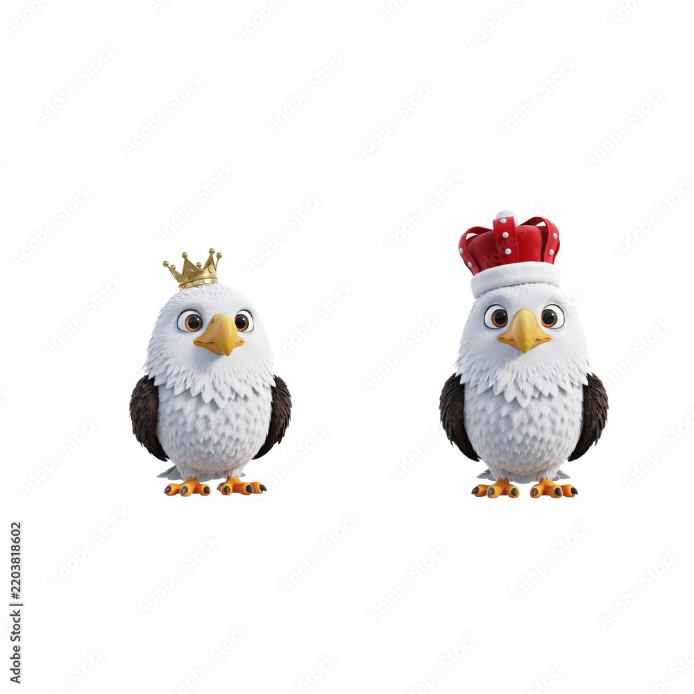 Fototapeta premium Two cartoon bald eagles wearing crowns isolated on a transparent background