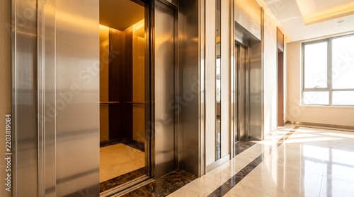 Modern elevator hallway with open lift doors in luxury office building lobby.