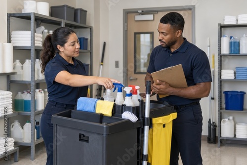Cleaning Team Coordinating Daily Work Before Service